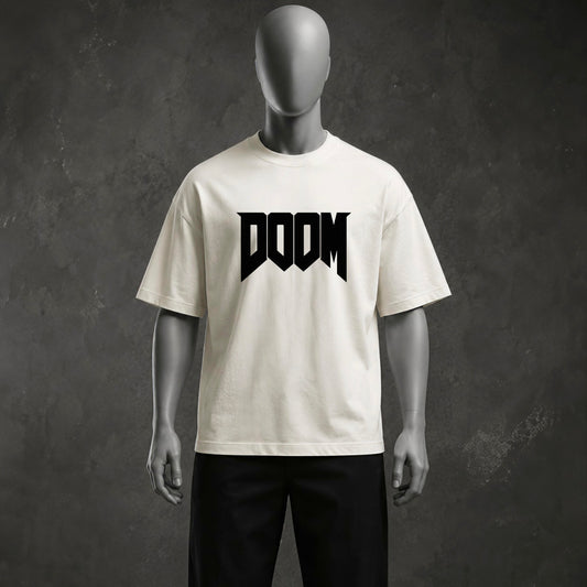 "DOOM" Villain Graphic Off-White Oversized Heavyweight T-Shirt