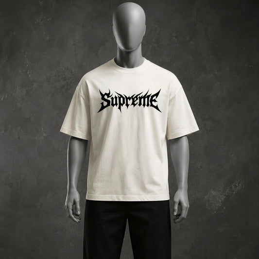Spiky Gothic Font Off-White Oversized Heavyweight T-Shirt with Back Graphic