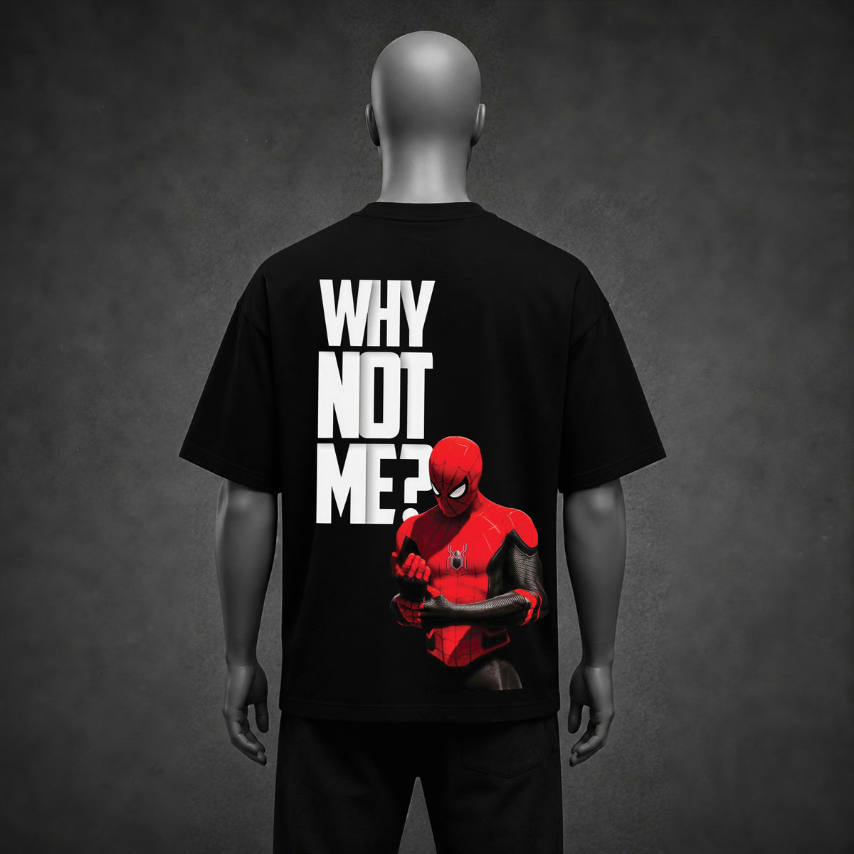 "WHY NOT ME?" Spiderman Graphic Black Oversized Heavyweight T-Shirt