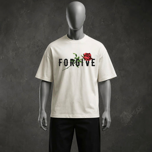 "FORGIVE" Rose & Glitch Statue Off-White Oversized Heavyweight T-Shirt