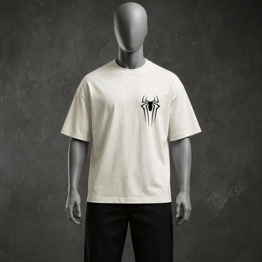 Minimalist Spider Emblem & Line-Art Hero Off-White Oversized Heavyweight T-Shirt