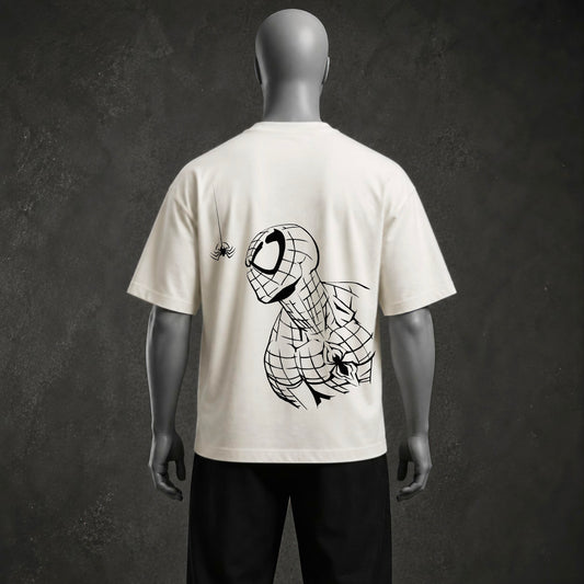 Minimalist Spider Emblem & Line-Art Hero Off-White Oversized Heavyweight T-Shirt