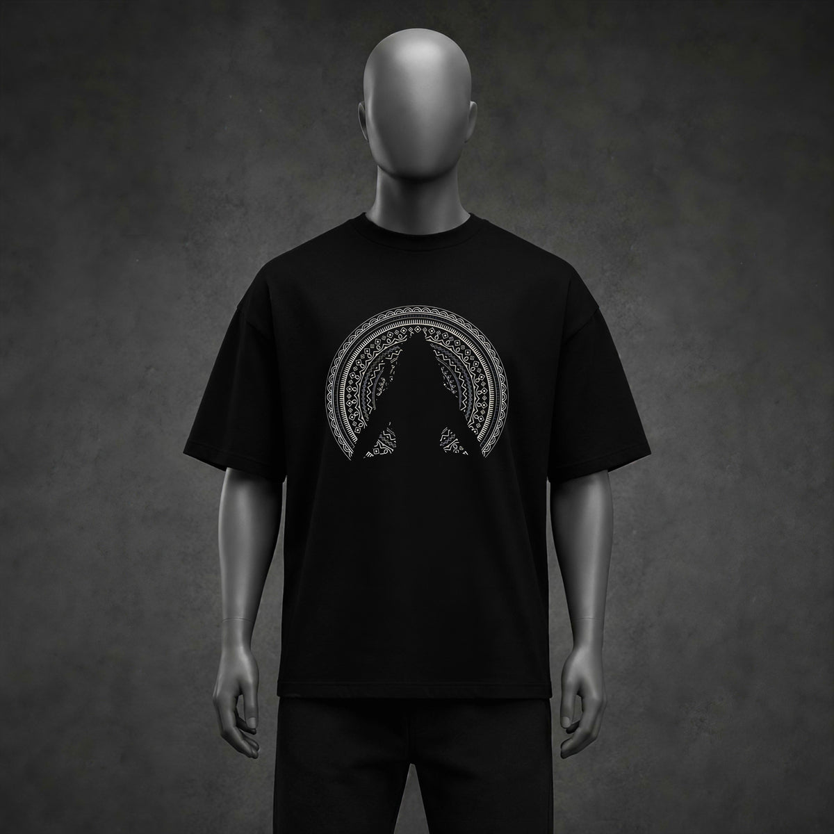 Sacred Mandala Silhouette & Solar Alignment Black Oversized Heavyweight T-Shirt