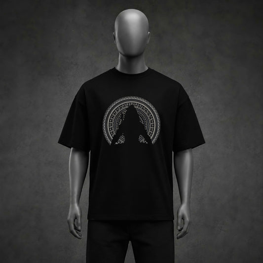 Sacred Mandala Silhouette & Solar Alignment Black Oversized Heavyweight T-Shirt