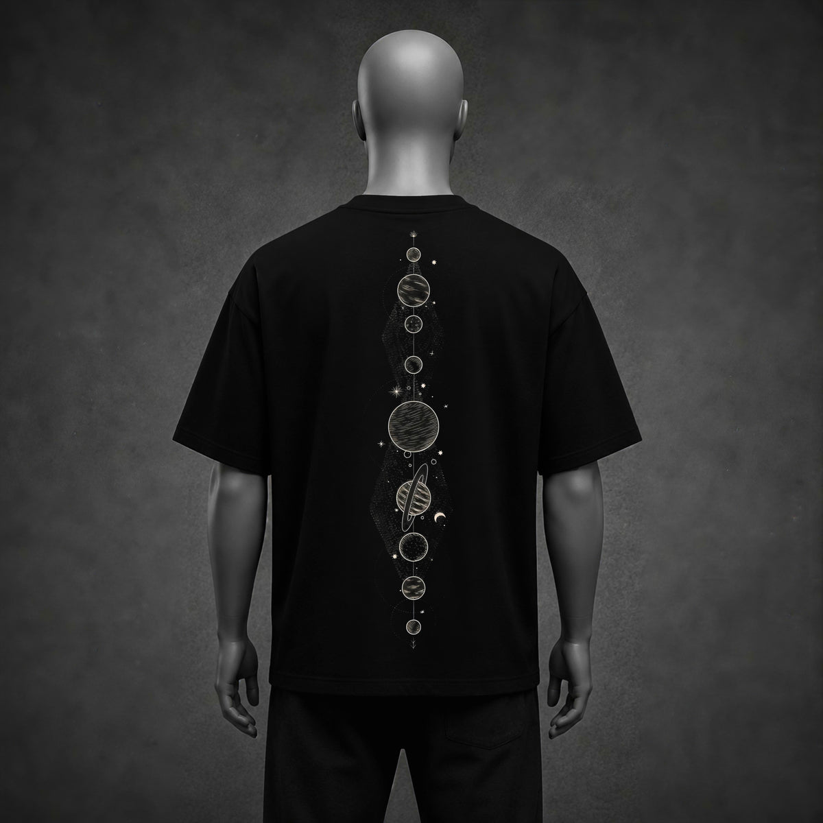 Sacred Mandala Silhouette & Solar Alignment Black Oversized Heavyweight T-Shirt