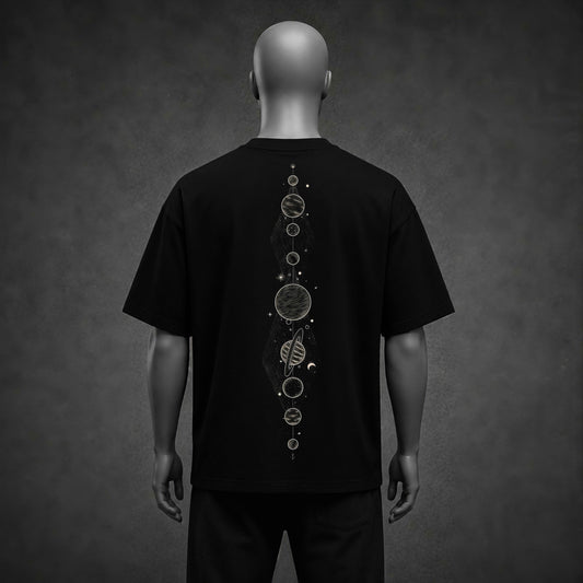 Sacred Mandala Silhouette & Solar Alignment Black Oversized Heavyweight T-Shirt